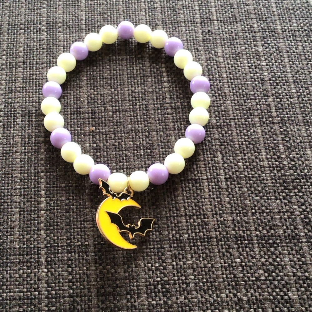 Purple and Cream Beaded Bracelet with Bat Charm